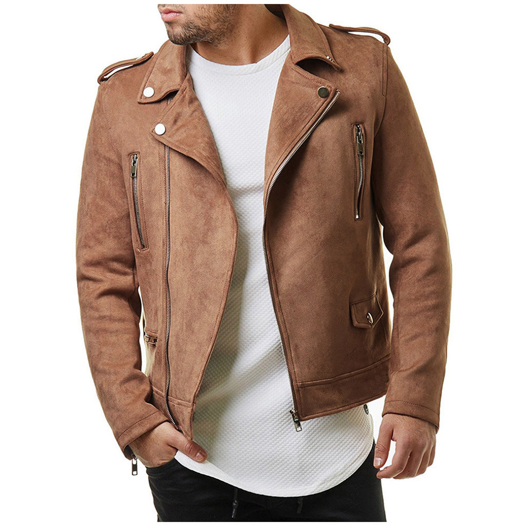 Lapel Leather Jacket Short Diagonal Zipper Suede Jacket Men