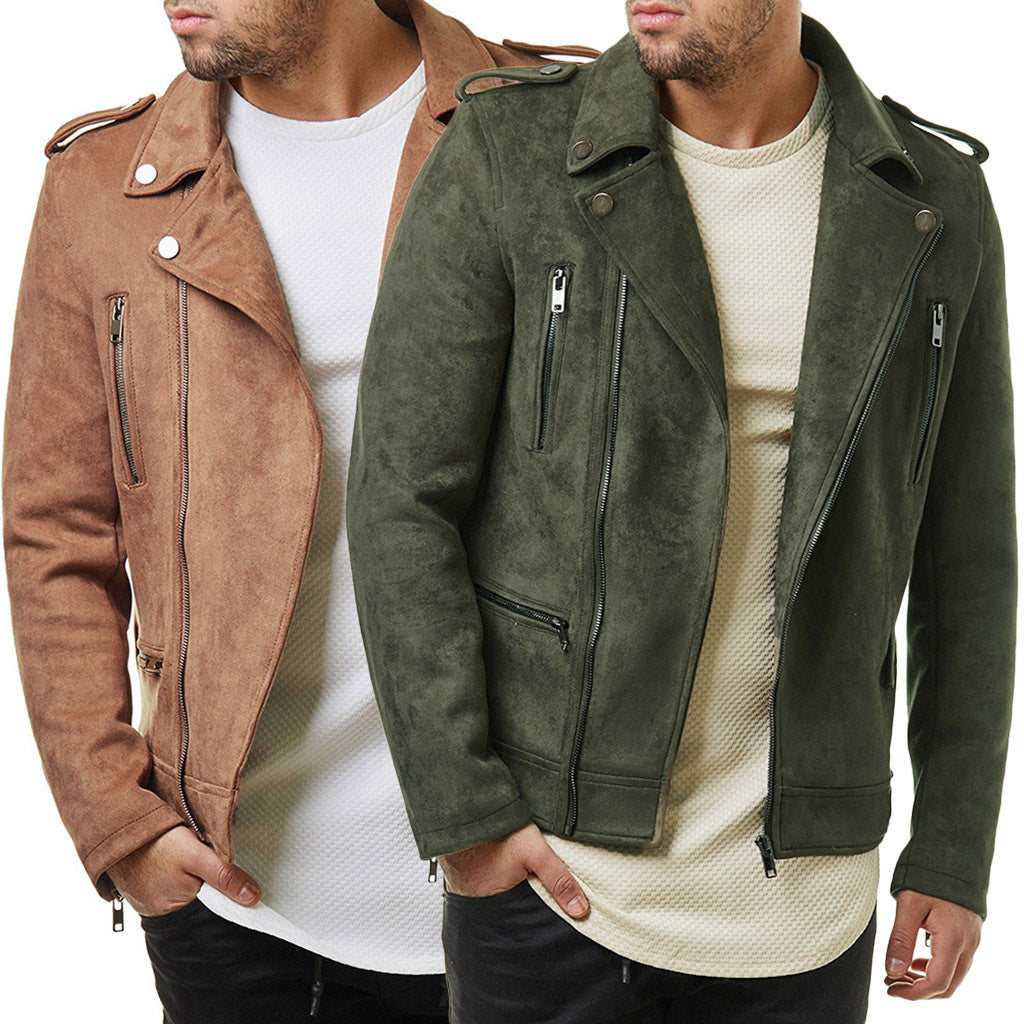 Lapel Leather Jacket Short Diagonal Zipper Suede Jacket Men