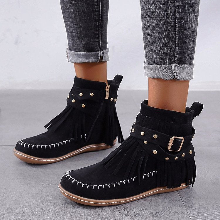 New Fashion Large Size Tassel Ankle Boots Flat Rivet Buckle Short Martin Boots