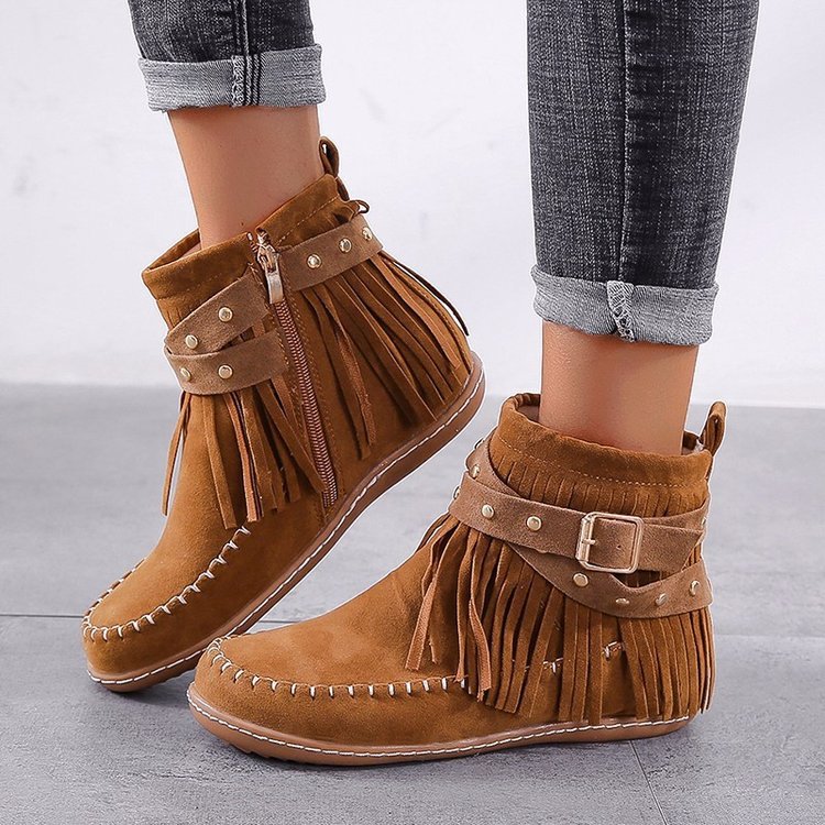 New Fashion Large Size Tassel Ankle Boots Flat Rivet Buckle Short Martin Boots
