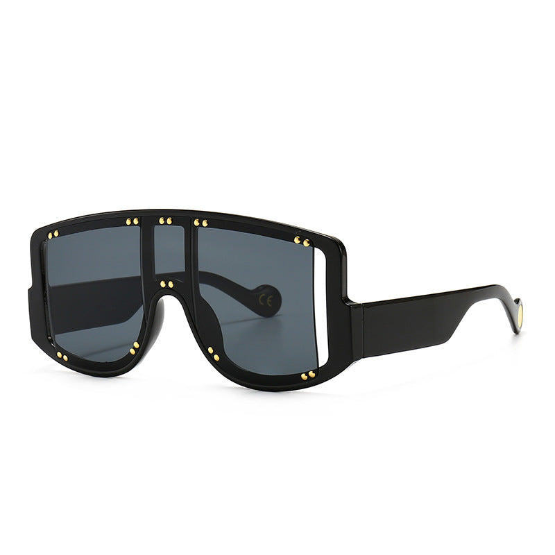 Large-frame Mask-shaped Wide-leg Rivet Inlaid Sunglasses
