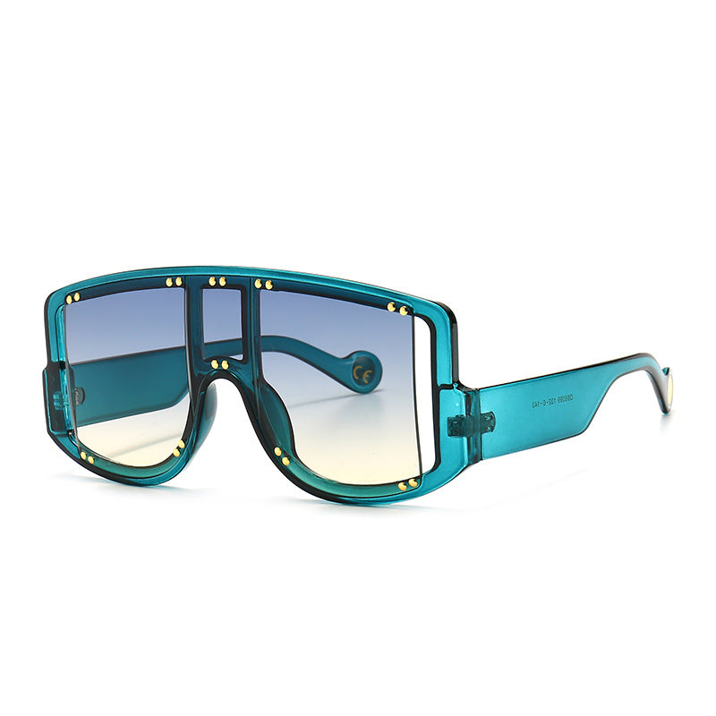 Large-frame Mask-shaped Wide-leg Rivet Inlaid Sunglasses