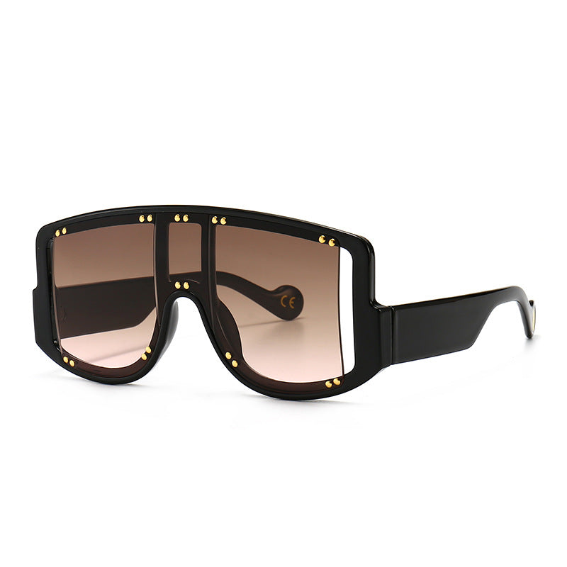 Large-frame Mask-shaped Wide-leg Rivet Inlaid Sunglasses