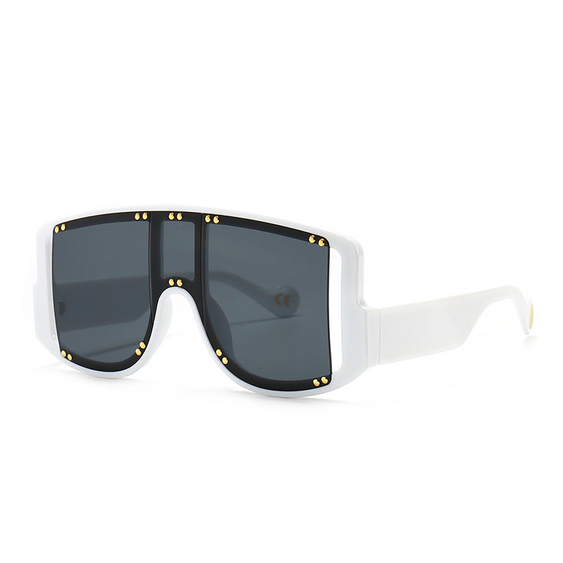 Large-frame Mask-shaped Wide-leg Rivet Inlaid Sunglasses
