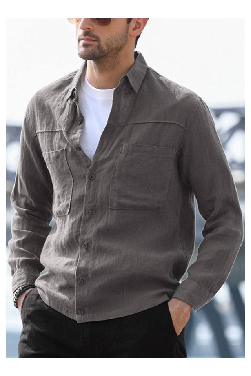 Cotton And Linen Retro Shirt Men's Single-Breasted Pocket Decoration Casual Long-Sleeved Shirt