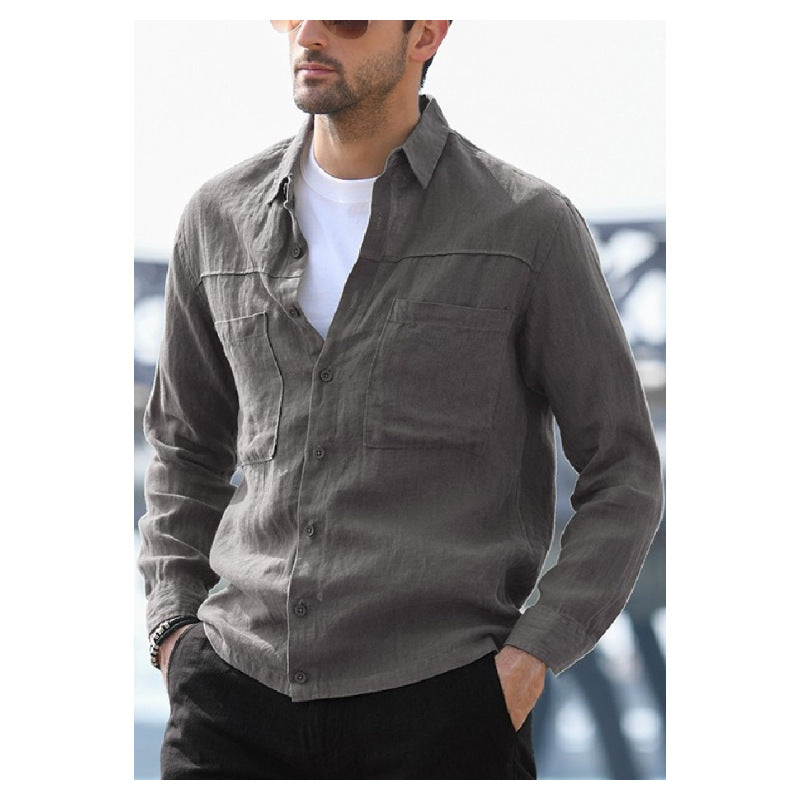 Cotton And Linen Retro Shirt Men's Single-Breasted Pocket Decoration Casual Long-Sleeved Shirt