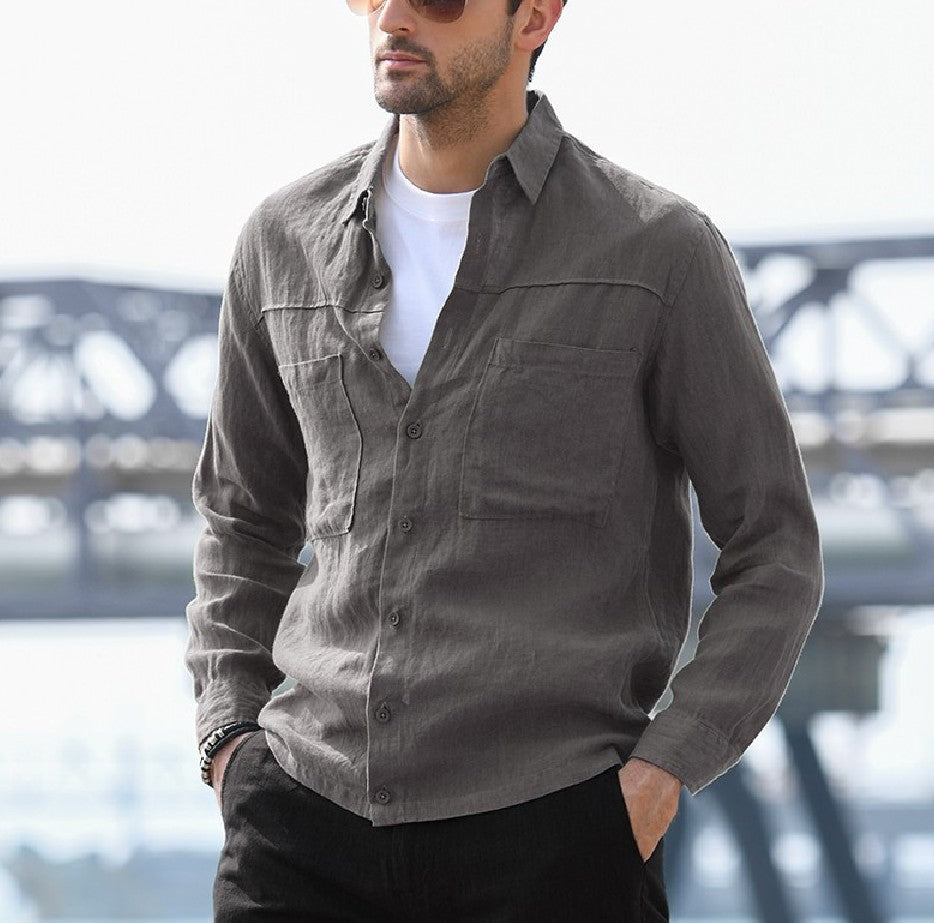 Cotton And Linen Retro Shirt Men's Single-Breasted Pocket Decoration Casual Long-Sleeved Shirt