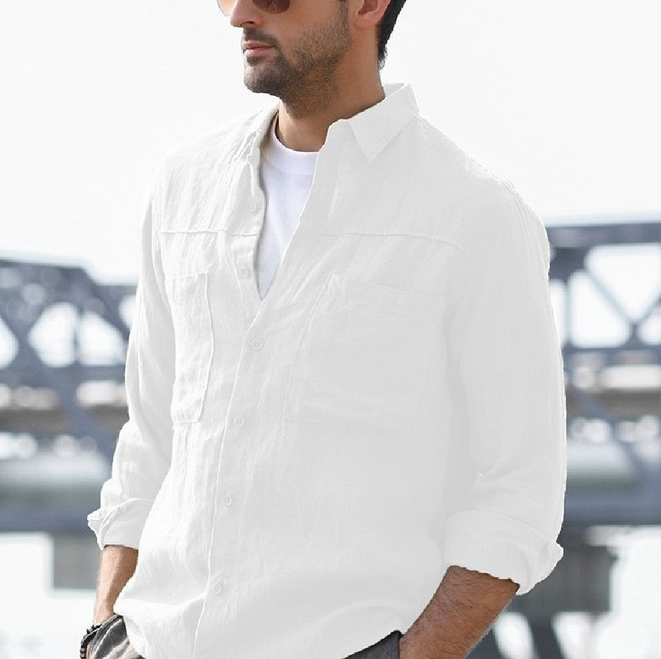 Cotton And Linen Retro Shirt Men's Single-Breasted Pocket Decoration Casual Long-Sleeved Shirt