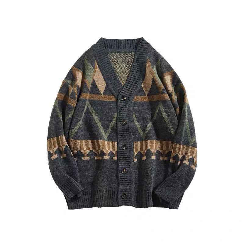 Rhombus Contrast Jacquard Line Casual Loose Sweater
