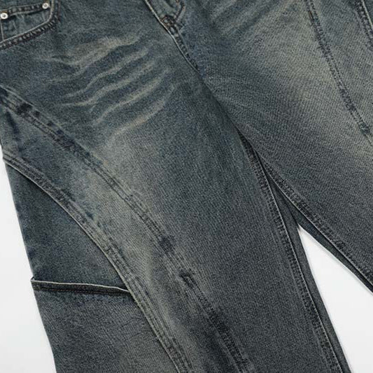 American Retro Heavy Industry Deconstruction Stitching Wide Leg Jeans Men