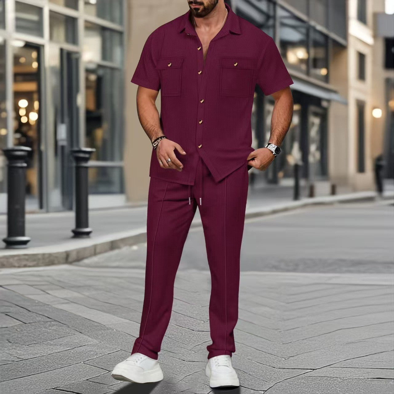 Buttons Pocket Short Sleeve shirt and Trousers Two-piece Set