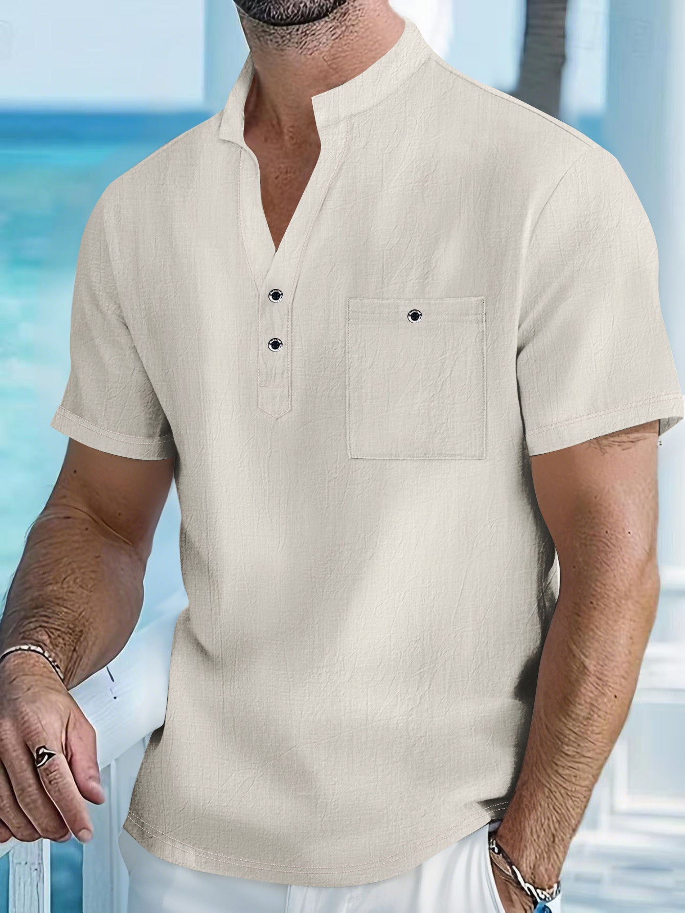 Stand Collar Linen Short Sleeve Shirt Men