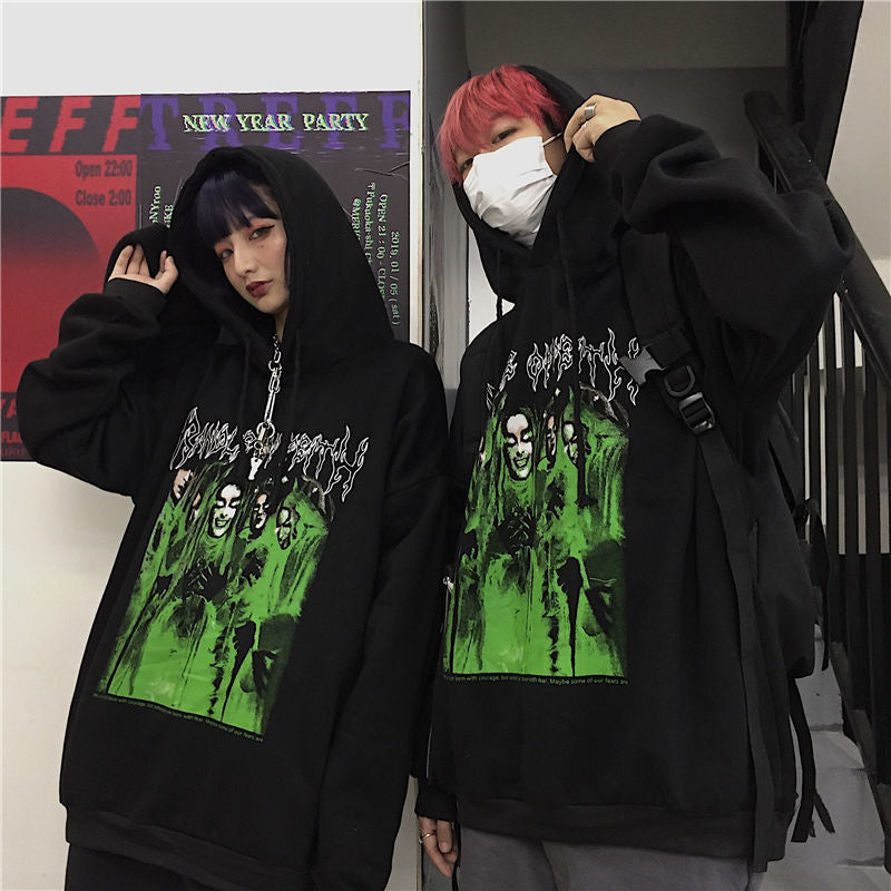 Dark Harajuku Hongkong Style Depressed Devil Print Autumn And Winter Loose Fleece-lined Hoodie Sweater Male And Female Couples Wear