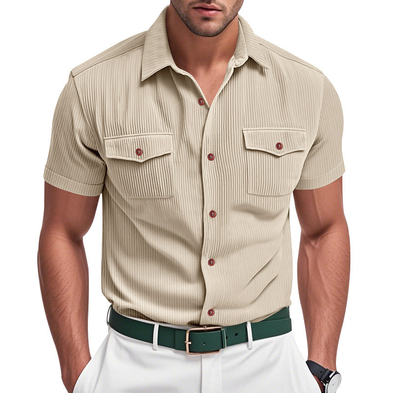 Loose Heavy Lapel Corduroy Workwear Short Sleeve Shirt