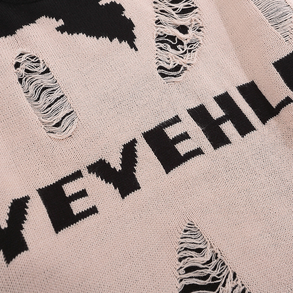 Worn Color-block Crew Neck Sweater Men's Waste Soil Style Letter