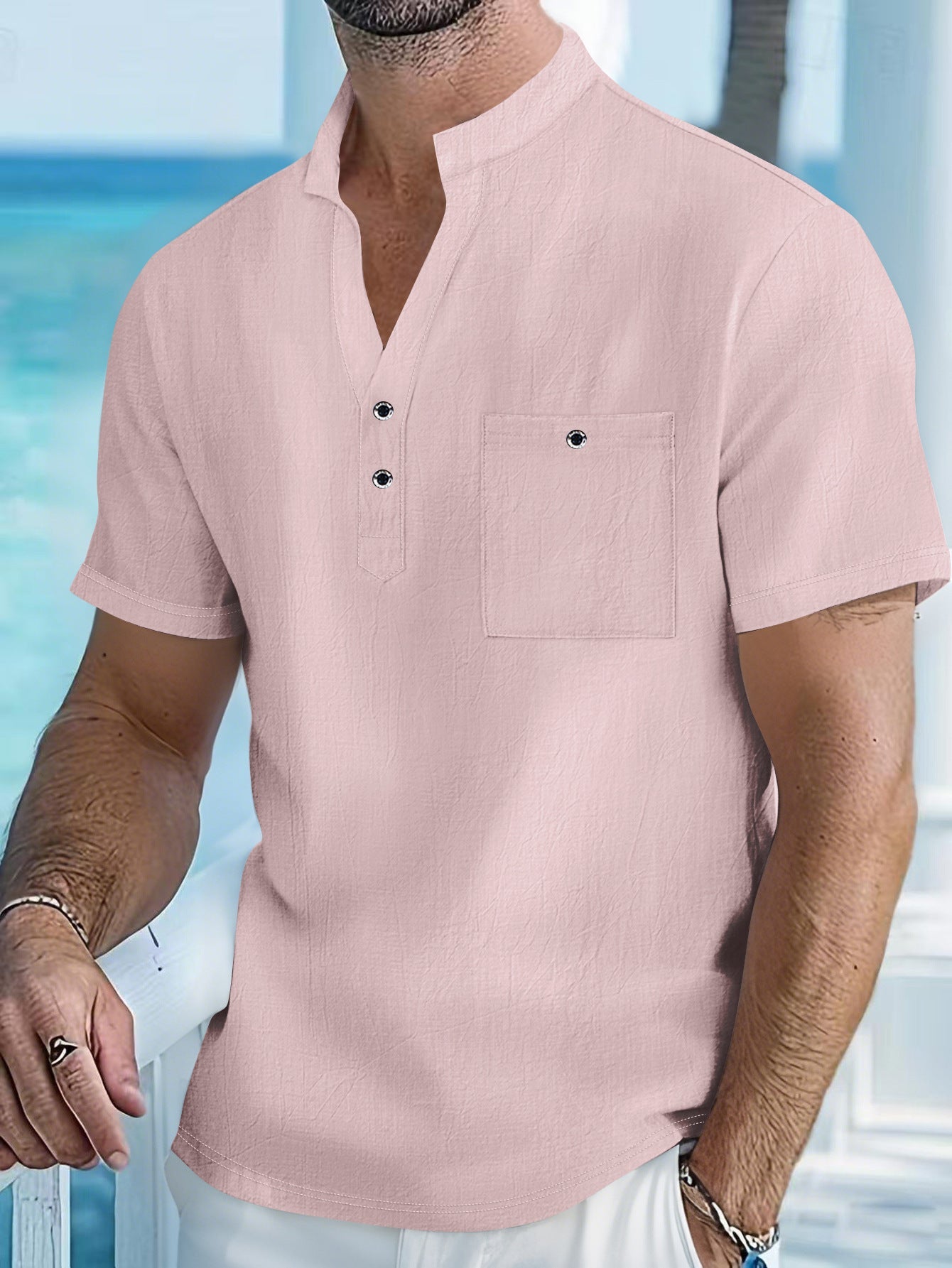 Stand Collar Linen Short Sleeve Shirt Men