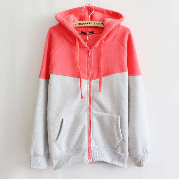 Contrast Color Hooded Cardigan Zipper Pocket Fleece Sweater