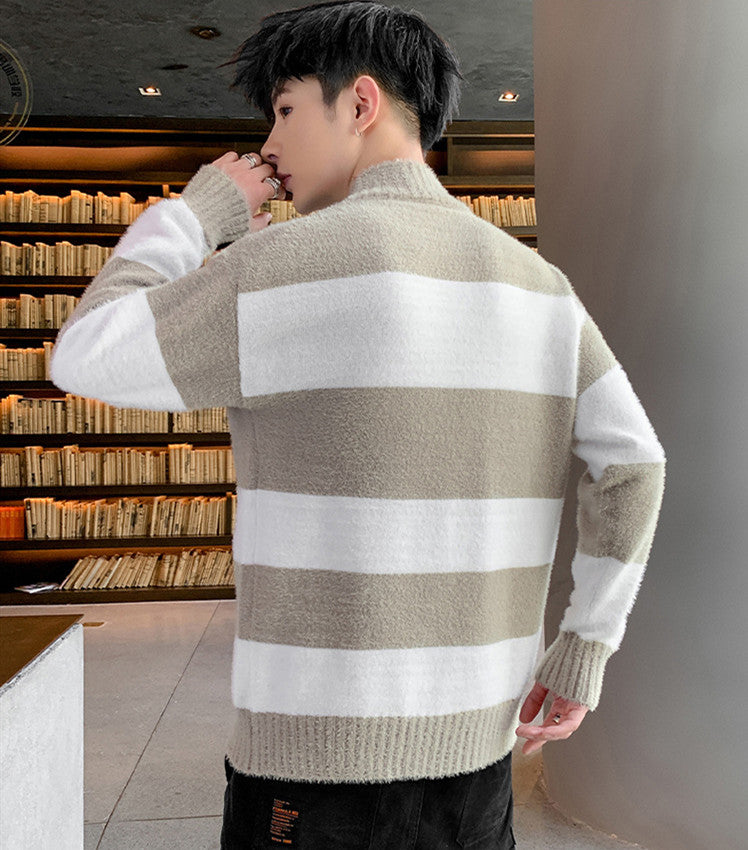 Half High Collar Pullover Striped T-Shirt