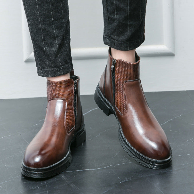 High-top British Double Buckle Slip-on Leather Boots