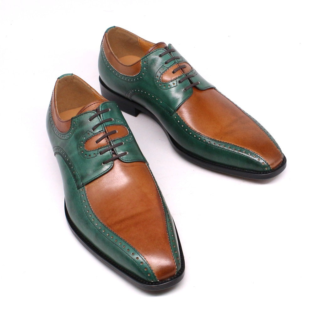 British Fashion Carved Color Matching Leather Shoes Cowhide Business