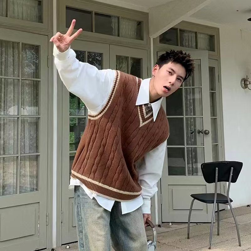 Male Retro V-neck College Style Sweater Vest