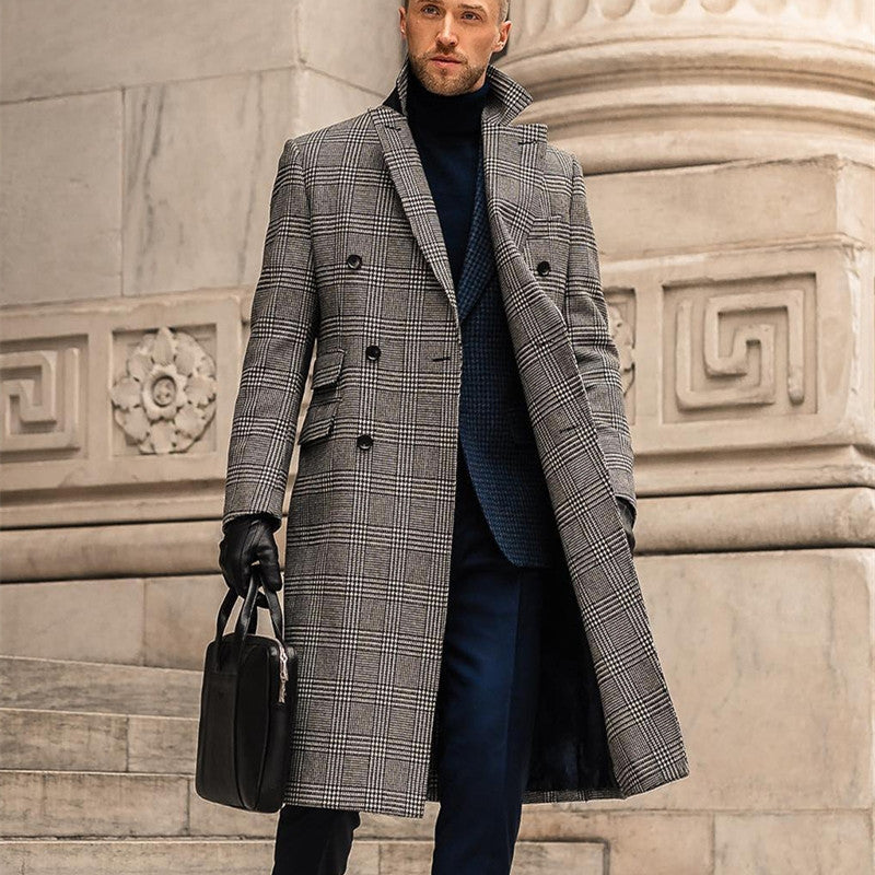 Woolen Double Breasted Checked Overcoat