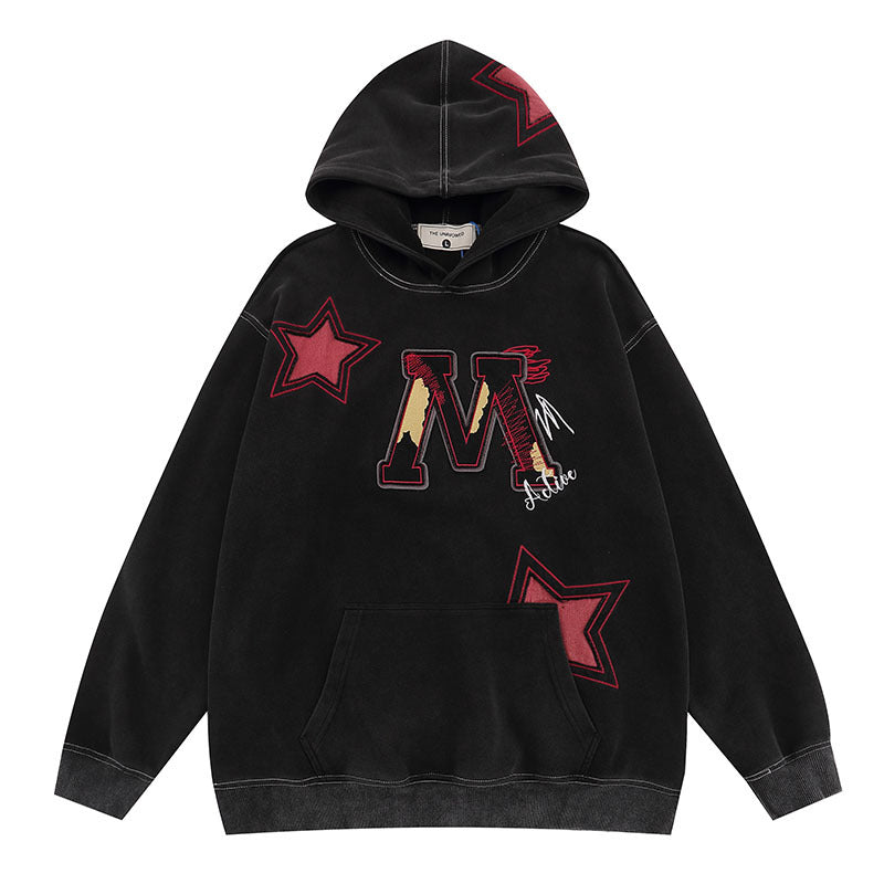 American-style Retro Hip Hop Letters Embroidered Patch Washed Hooded Sweater Men
