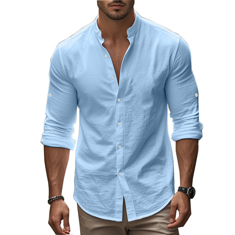 Standing Collar Solid Color Casual Cotton Linen Shirt