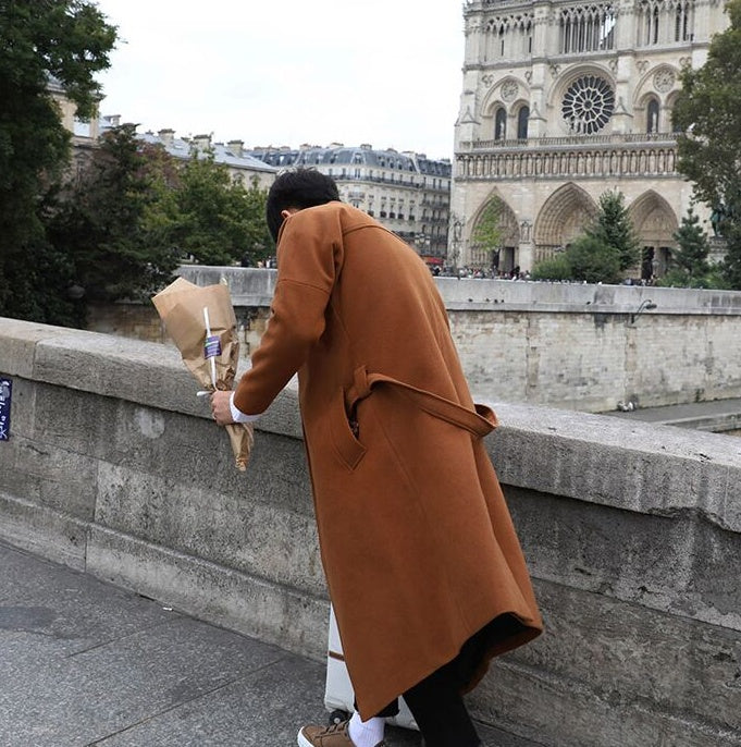 Autumn and winter woolen windbreaker men's long over the knee Korean version of the coat male long section of the young loose woolen coat tide