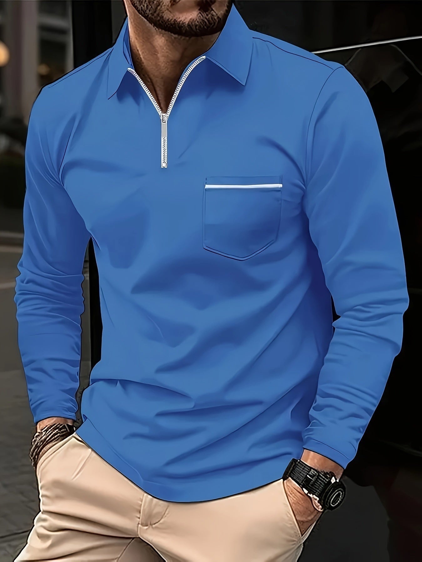 Zipper Men's Solid Color Long Sleeve Sports Polo Shirt
