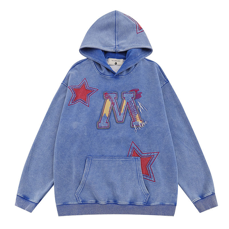 American-style Retro Hip Hop Letters Embroidered Patch Washed Hooded Sweater Men