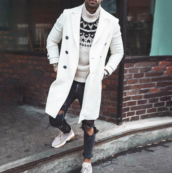 Lapel double-breasted white woolen trench coat