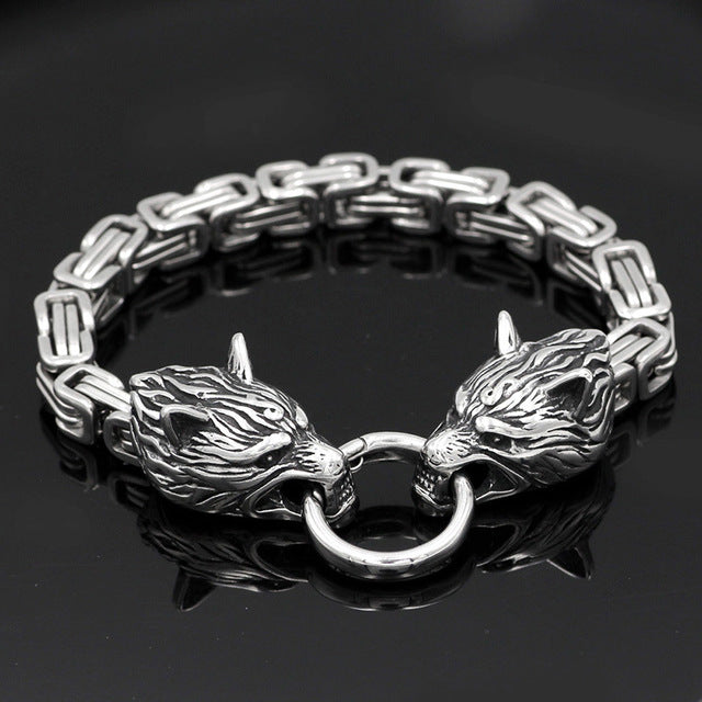 King chain viking wolf head bracelet men