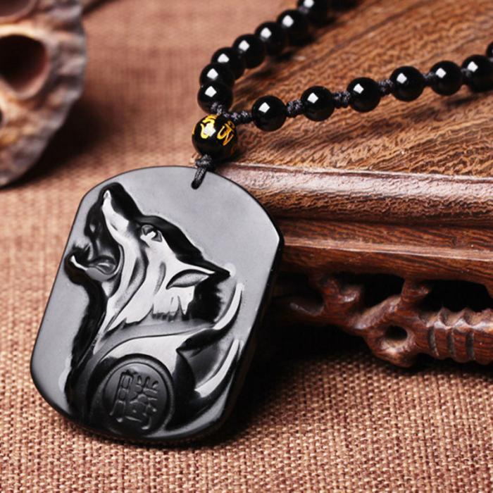 New Obsidian Carving Wolf Head Amulet Pendant Necklace