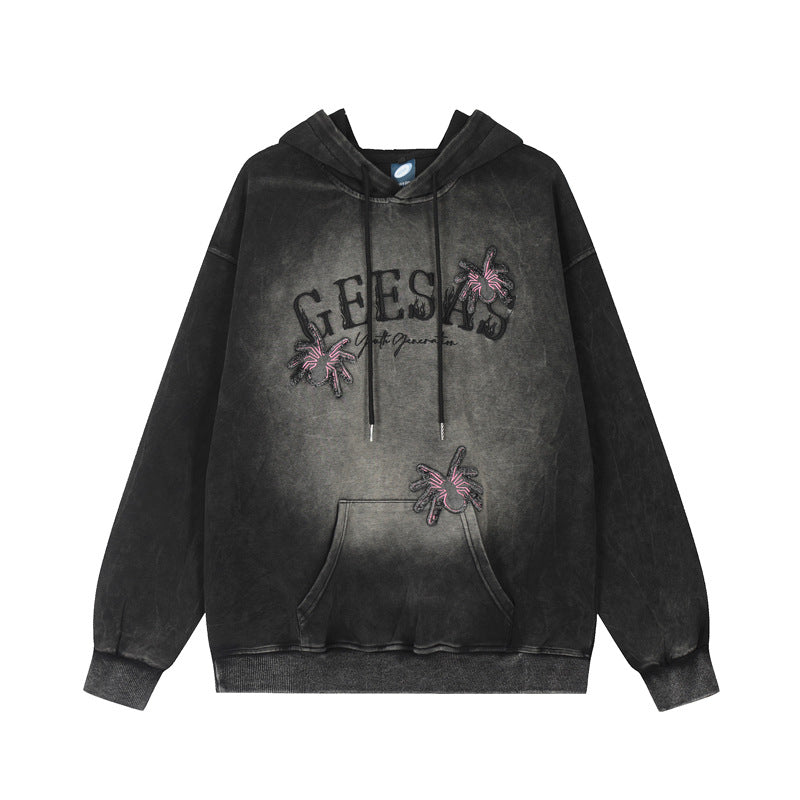 American Retro Distressed Gradient Spider Patch Embroidered Hoodie Men