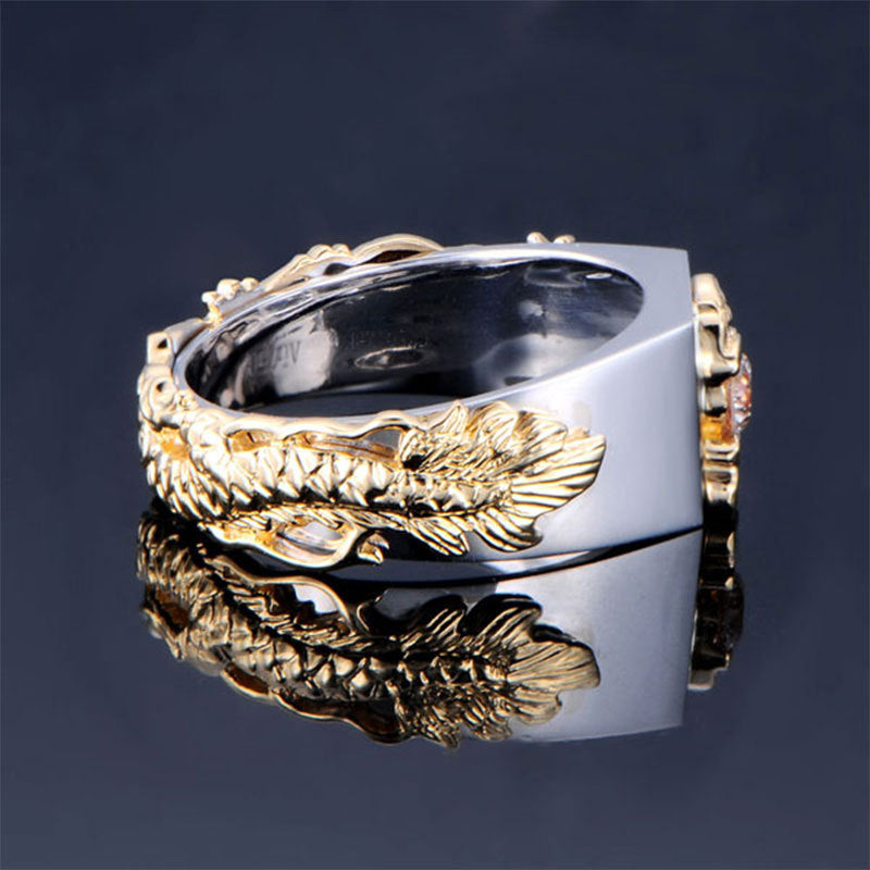 New Men's Domineering Dragon Pattern Two-color Zircon Rhinestone Ring
