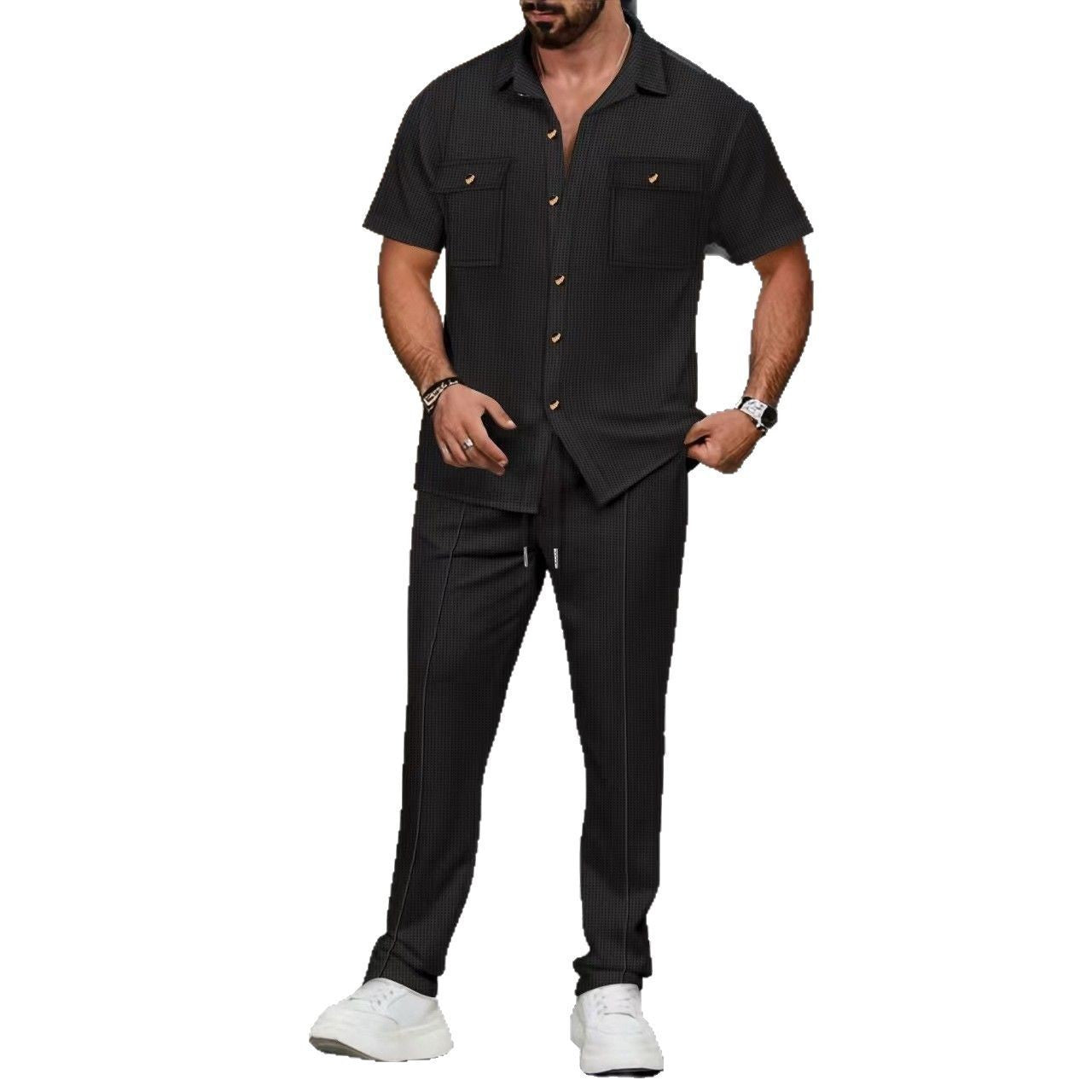 Buttons Pocket Short Sleeve shirt and Trousers Two-piece Set