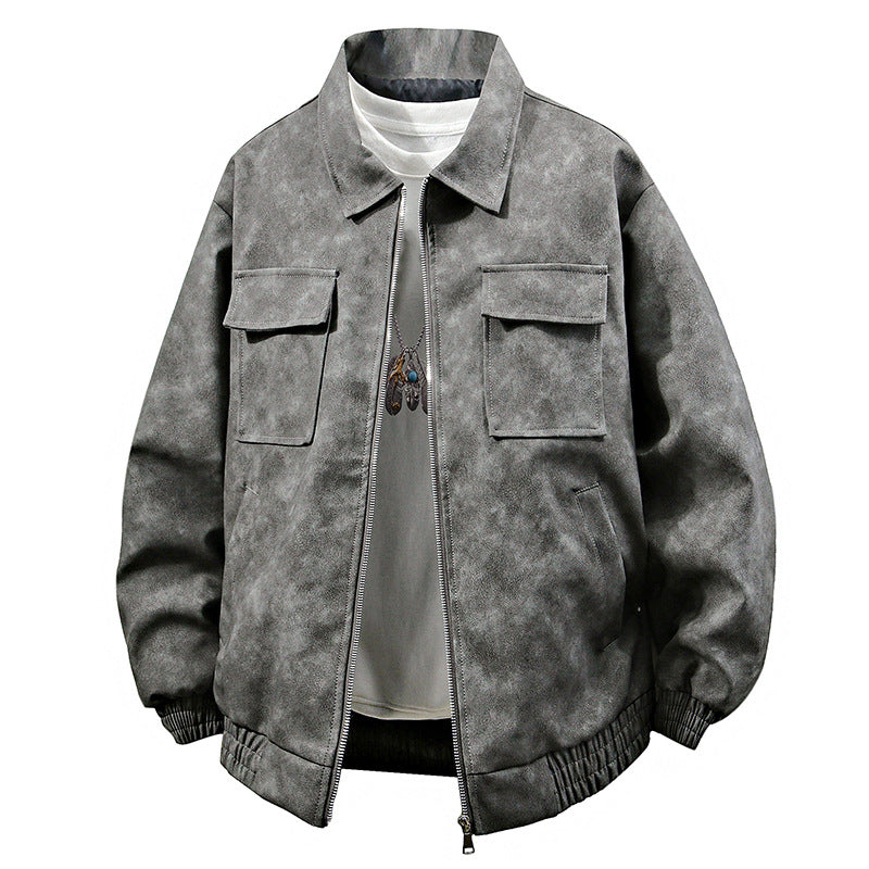 3D Stereo American Retro Hip Hop PU Leather Polo Collar Jacket