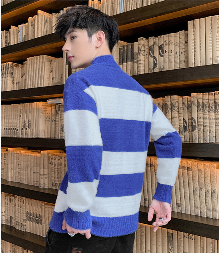 Half High Collar Pullover Striped T-Shirt