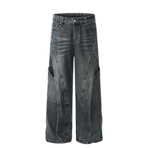 American Retro Heavy Industry Deconstruction Stitching Wide Leg Jeans Men