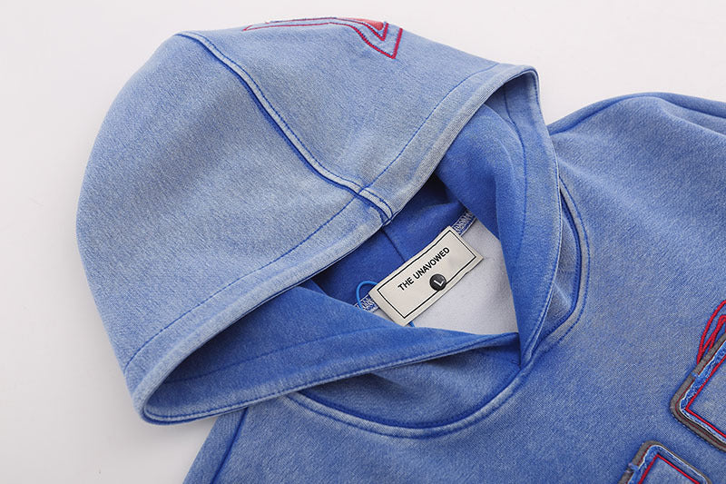 American-style Retro Hip Hop Letters Embroidered Patch Washed Hooded Sweater Men