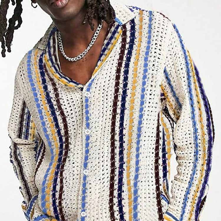 Striped Multi-color Contrast Color Casual Cardigan Sweater Men's Top