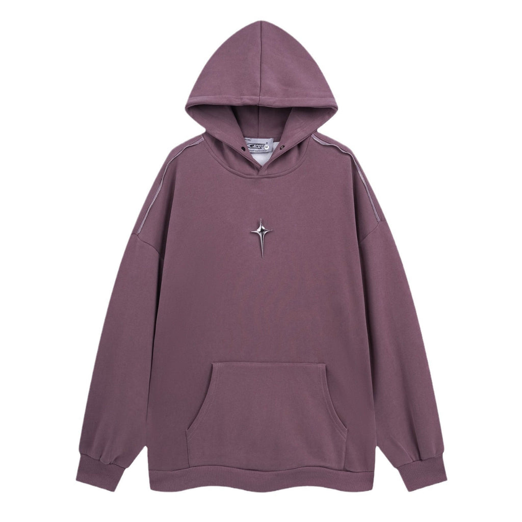 Autumn And Winter Metal Design Four Awn Star Plus Velvet Thickened Hooded Sweatshirt