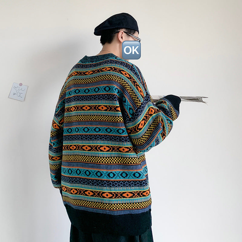 Colorblock Striped  Knit Sweater Retro Round Neck Loose Sweater