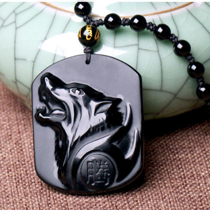 New Obsidian Carving Wolf Head Amulet Pendant Necklace