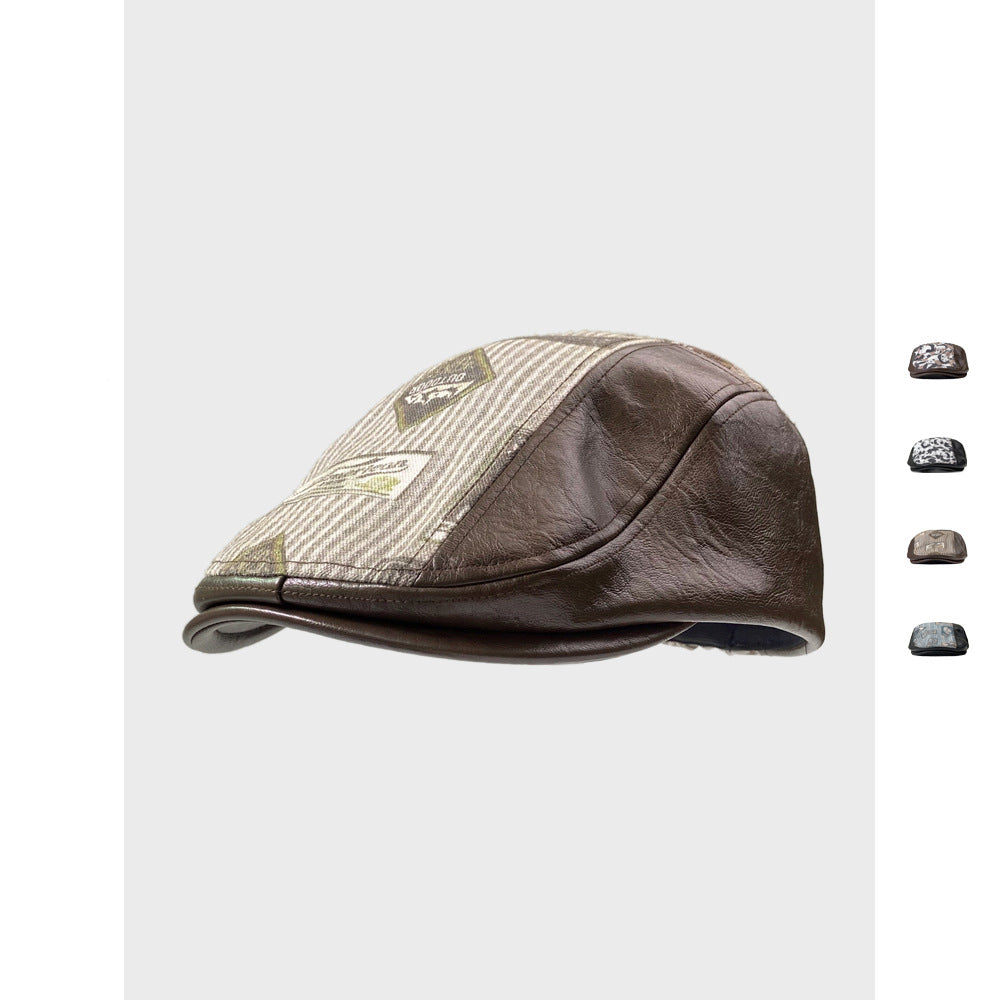 Autumn Winter Retro PU Leather Stitching Advance Hats
