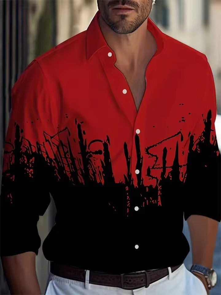 Men's Long Sleeve Palm Tree And Striped Printed Shirt