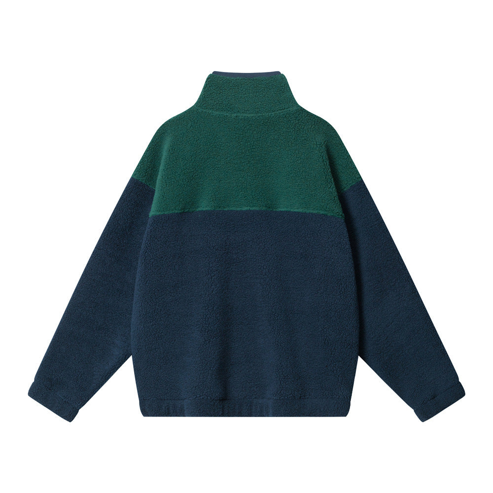 Color Matching Lamb Wool Sweatshirt Half Zipped Stand Collar Long Sleeve Loose Embroidered Letter Cotton-padded Coat