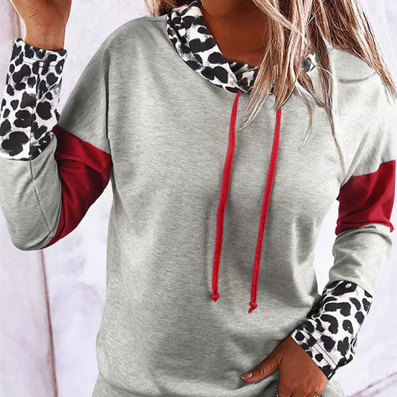 Autumn Turtleneck Drawstring Sweatshirt Leopard Splicing Top