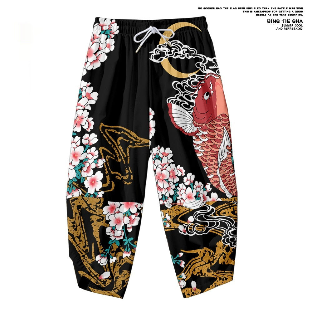 Koi Digital Printing Japanese Harajuku Kimono Robe Cloak Cropped Pants Set
